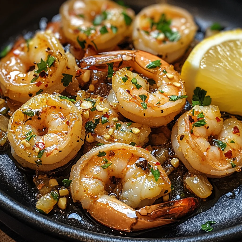 Gebratene Garnelen mit Knoblauch aus der Pfanne