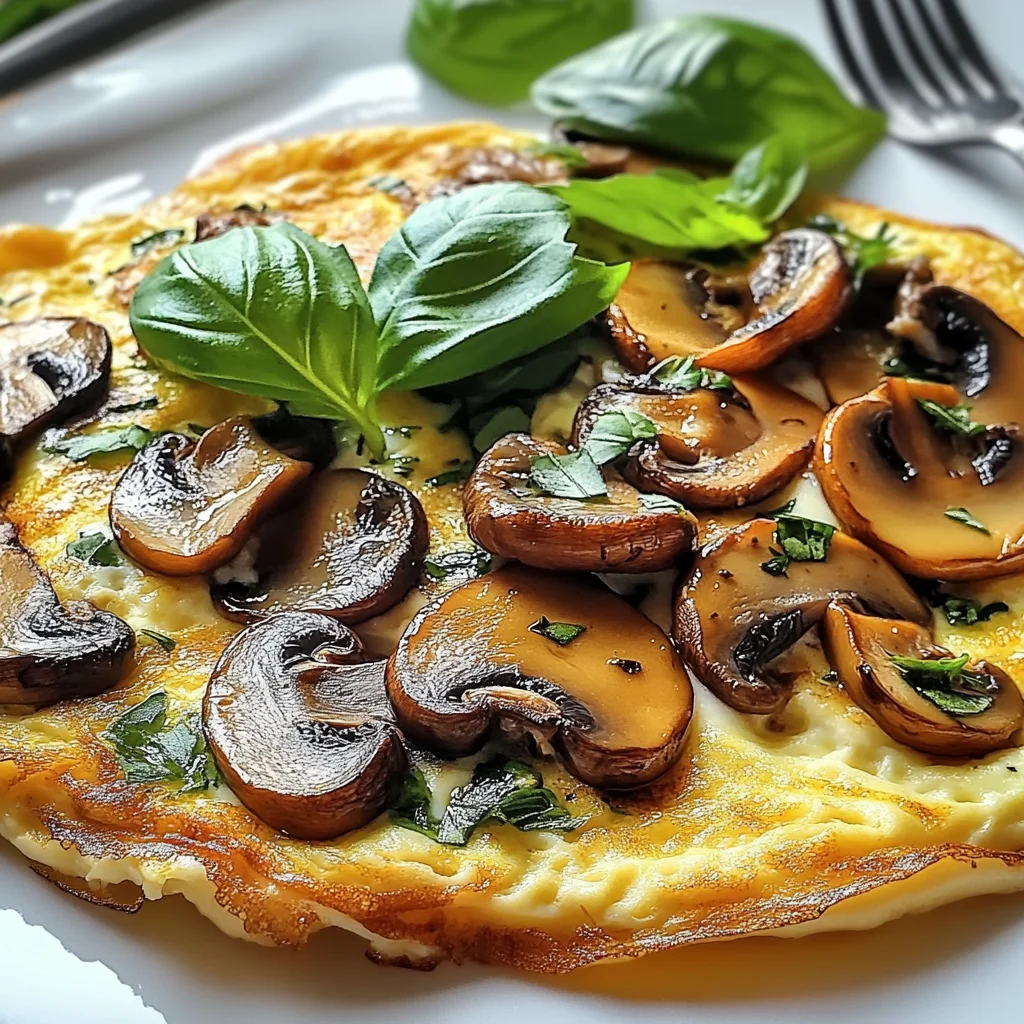 Nahrhaftes Omelett mit Pilzen und Basilikum
