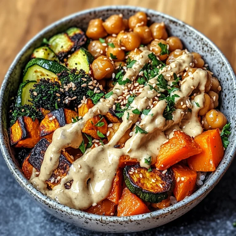 Schüssel mit geröstetem Gemüse und Kichererbsen mit Tahini-Dressing