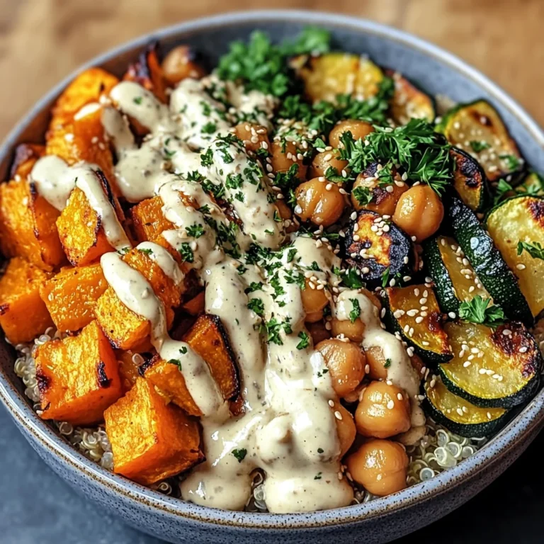 Schüssel mit geröstetem Gemüse und Kichererbsen mit Tahini-Dressing
