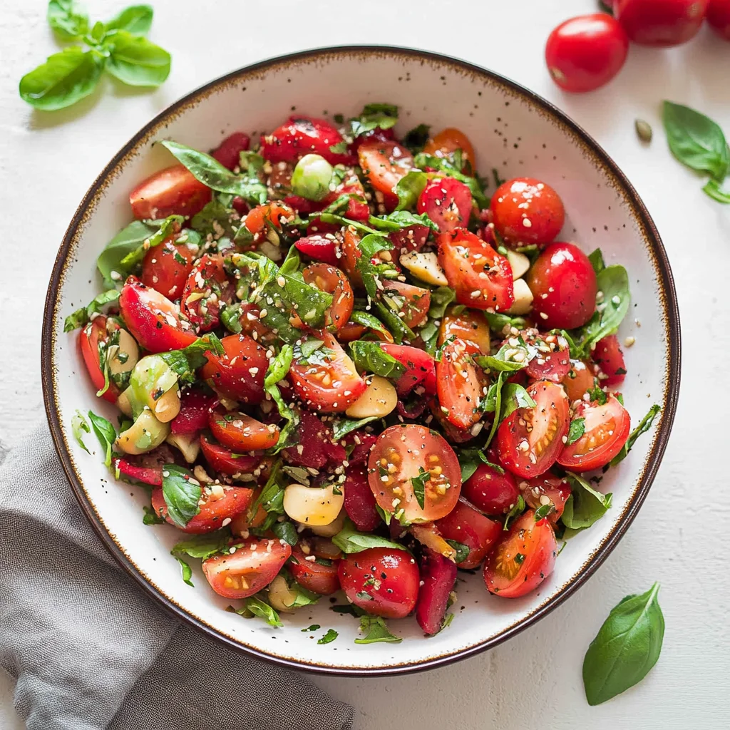 Salat mit Erdbeeren, Tomaten, Minze und Basilikum: Frisch…