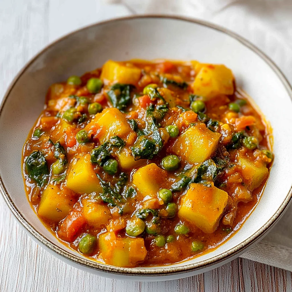 Veganes Kartoffelcurry mit Spinat und Erbsen: Cremig lecker!