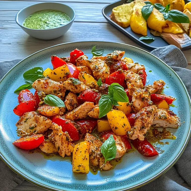 Schnelles Ofengemüse mit Hähnchen in Pesto Marinade